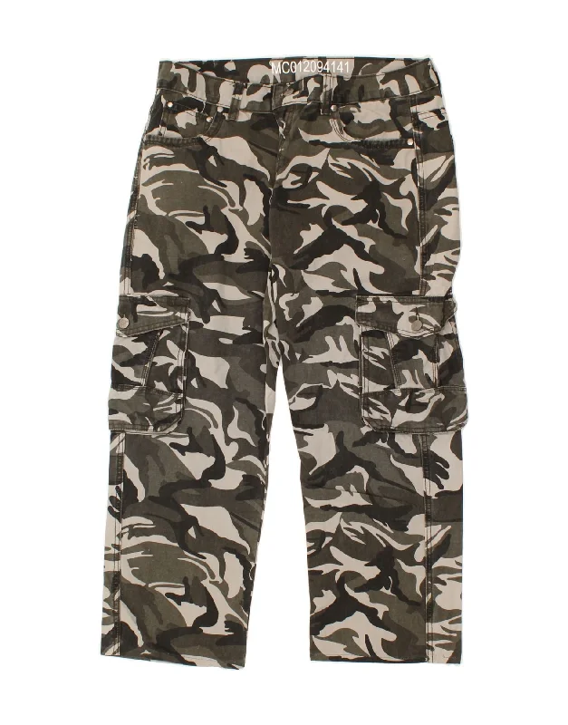 VINTAGE Mens Straight Cargo Trousers W36 L27 Grey Camouflage Cotton