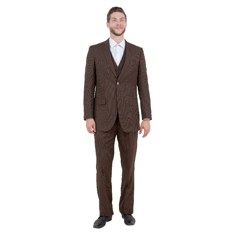 Men's 3-Piece Modern-Fit Brown Pinstriped Suit Set