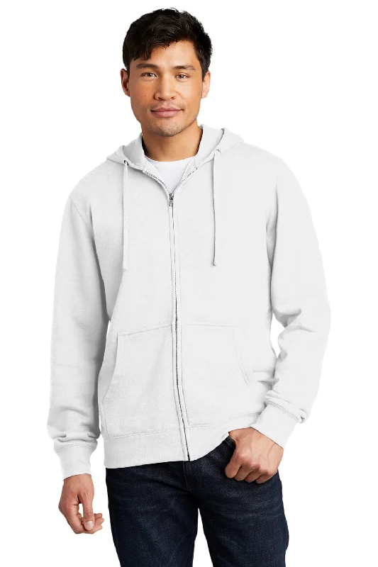 District Mens Very Important Fleece Full Zip Hooded Sweatshirt Hoodie w/ Pockets - White