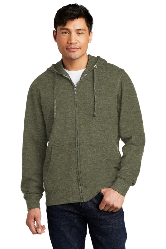 District Mens Very Important Fleece Full Zip Hooded Sweatshirt Hoodie w/ Pockets - Heather Olive Green