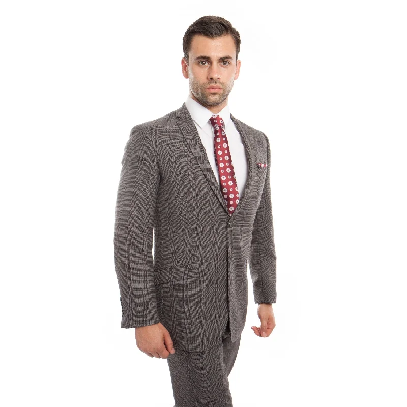 Men Suit Plaid Grey Notch Lapel Slim Fit Mens Suits