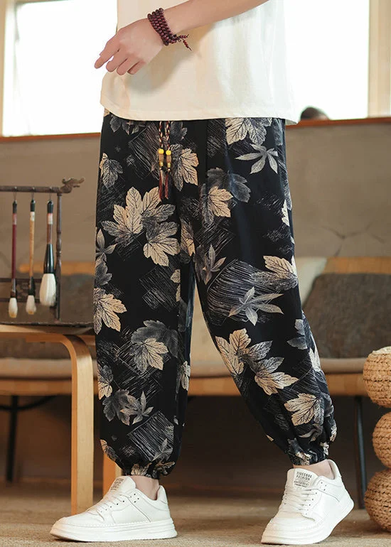 Chic Black Print Pockets Elastic Waist Cotton Mens Crop Pants Summer