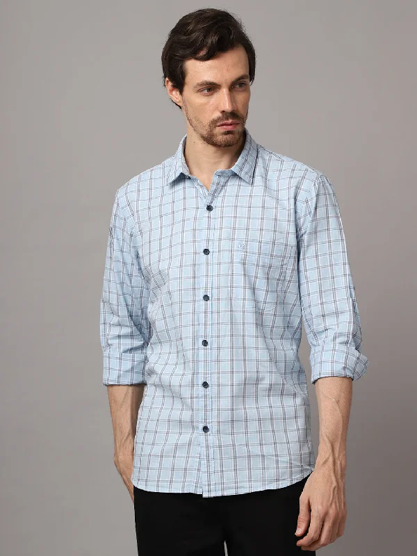 Men's Sky Blue Casual Medium Checks Full Sleeve Shirt