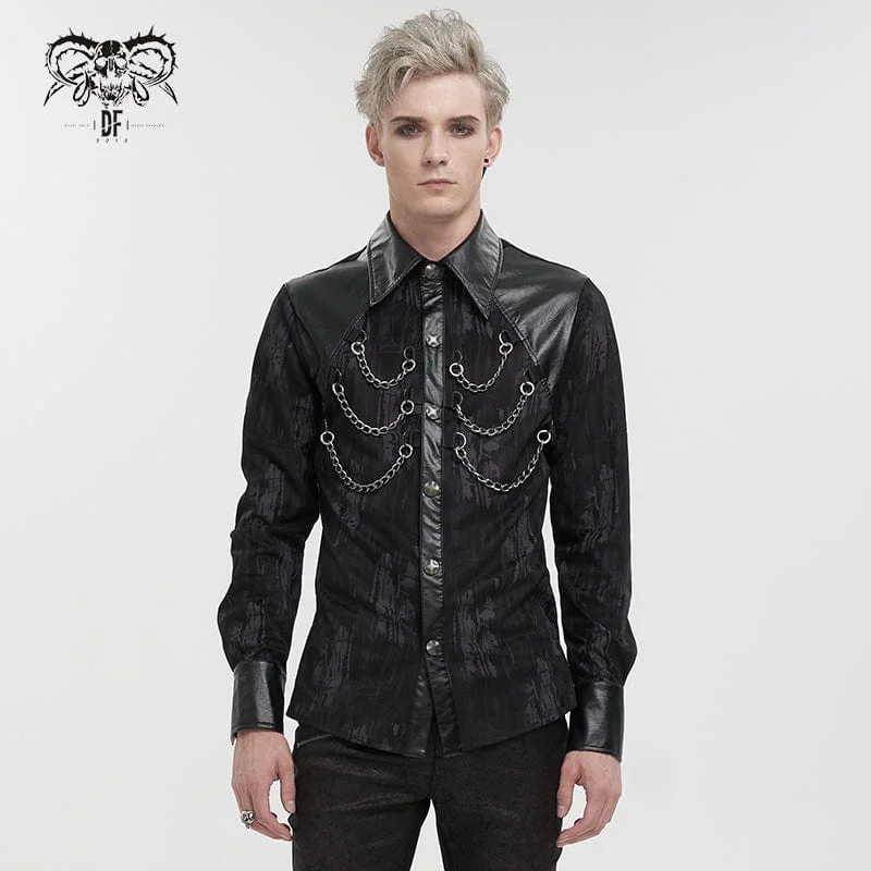 Men's Gothic Faux Leather Splice Chain Shirt