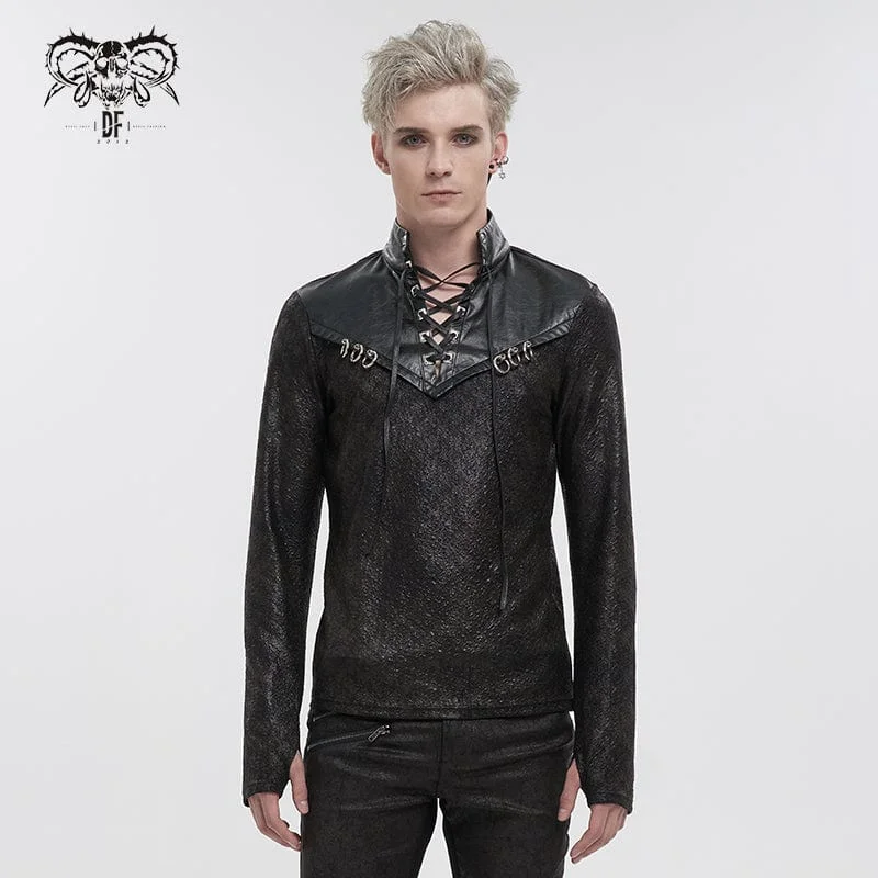 Men's Gothic Strappy Stand Collar Faux Leather Splice Shirt