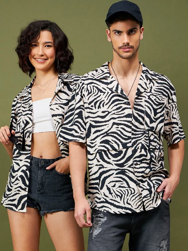 Unisex Beige & Black Animal Print Relax Fit Shirt