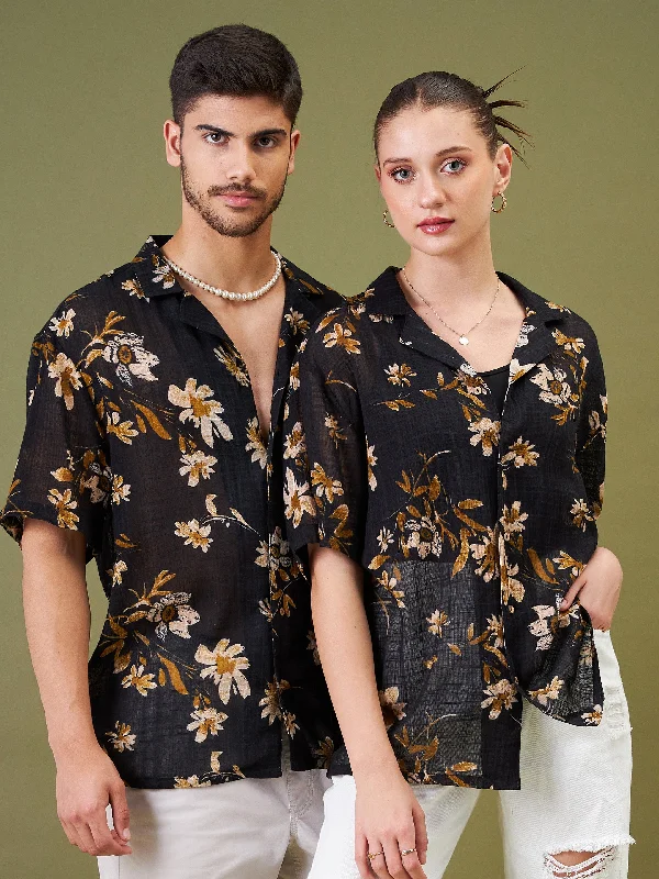 Unisex Black Floral Relax Fit Shirt